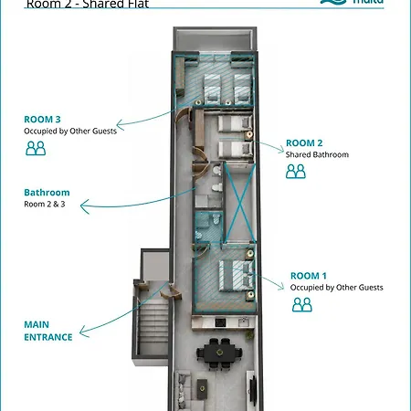 F10 2, Private Two Single Beds Shared Bathroom In Shared Flat * Msida